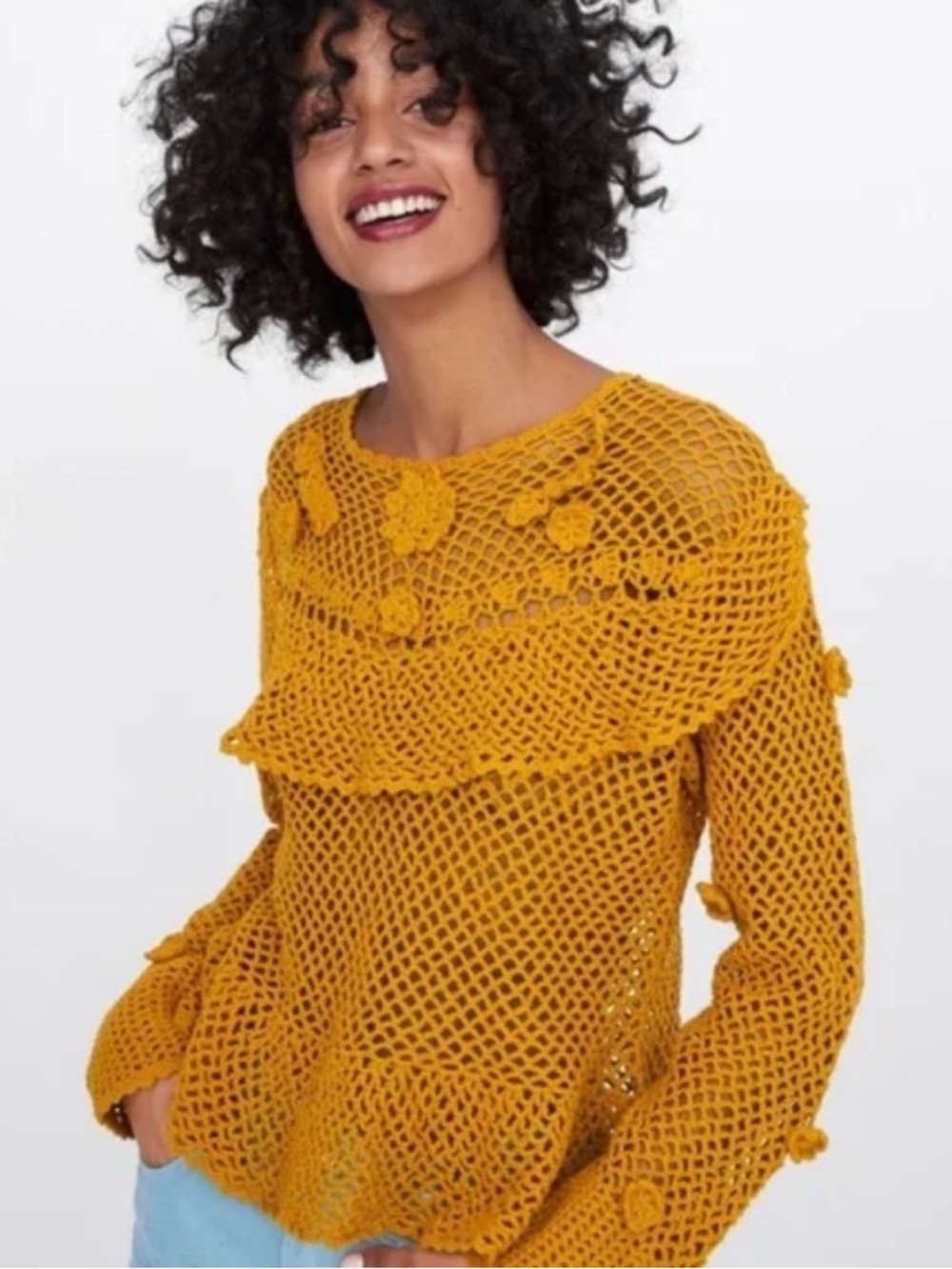 Zara Ruffled Crochet Open Knit Sweater Size Small Yellow Long Sleeve Ruffles